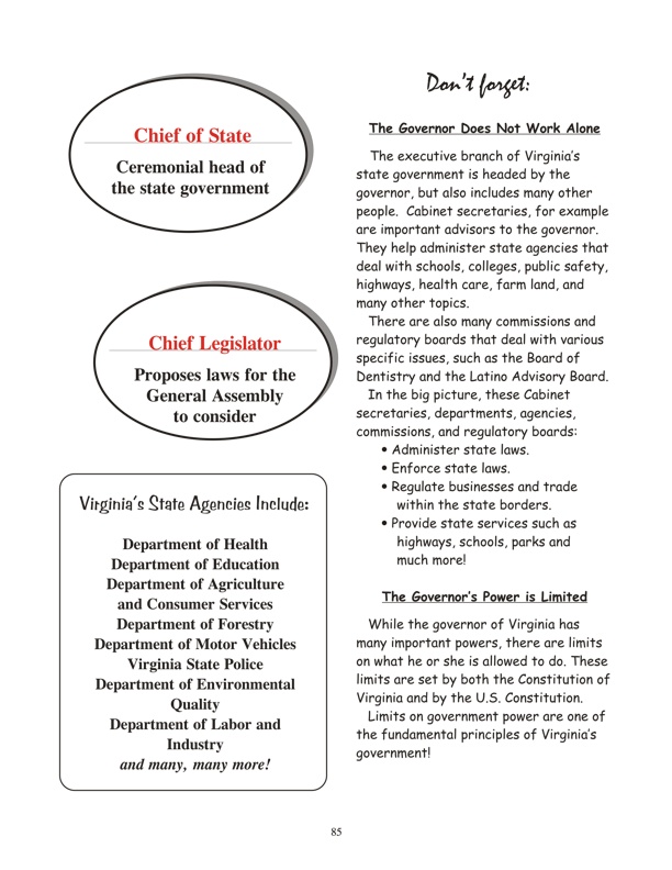 The Virginia Governor's Roles - continued