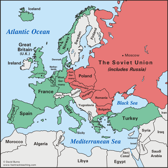 Europe in the Cold War Era map - NATO and Warsaw Pact map