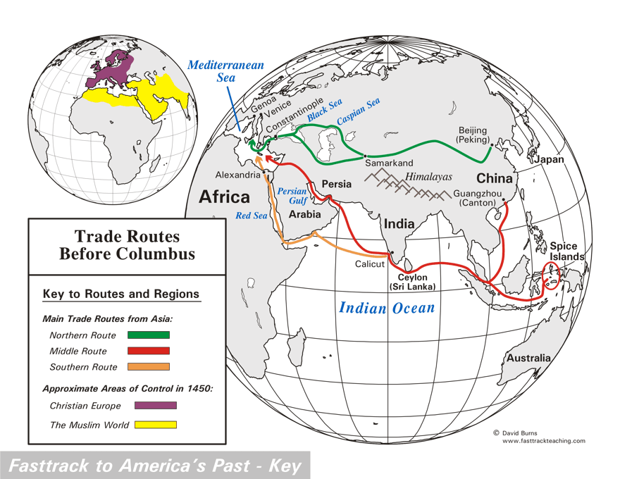 Map - Trade Routes Before Columbus (Age of Discovery) - Silk Road map - Spice Islands