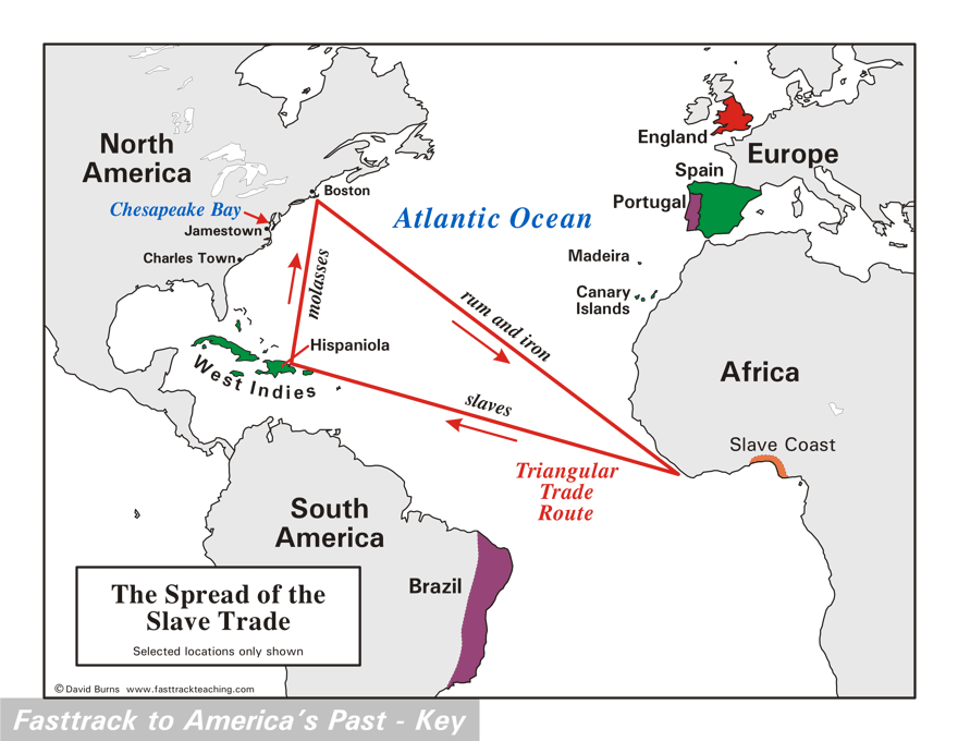 Map - The Spread of the Slave Trade - Trading Triangle  Colonial America