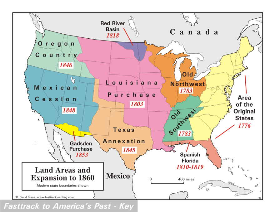 U.S. Growth to the West, Westward Expansion, Land Areas of the U.S. map