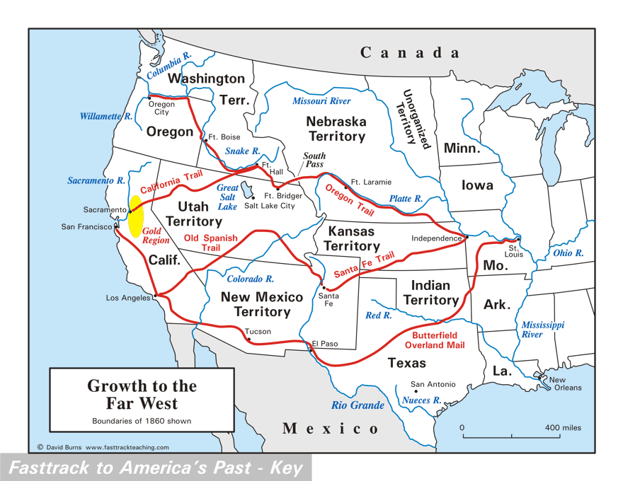Growth to the Far West - U.S. Growth to the West - Oregon Trail - California Trail - map