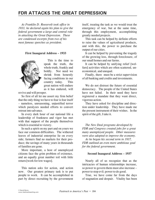 Fasttrack to America's Past - Section 7: Becoming a World Leader  1900 - 1950   FDR Attacks the Great Depression - excerpts from Franklin Roosevelt speeches